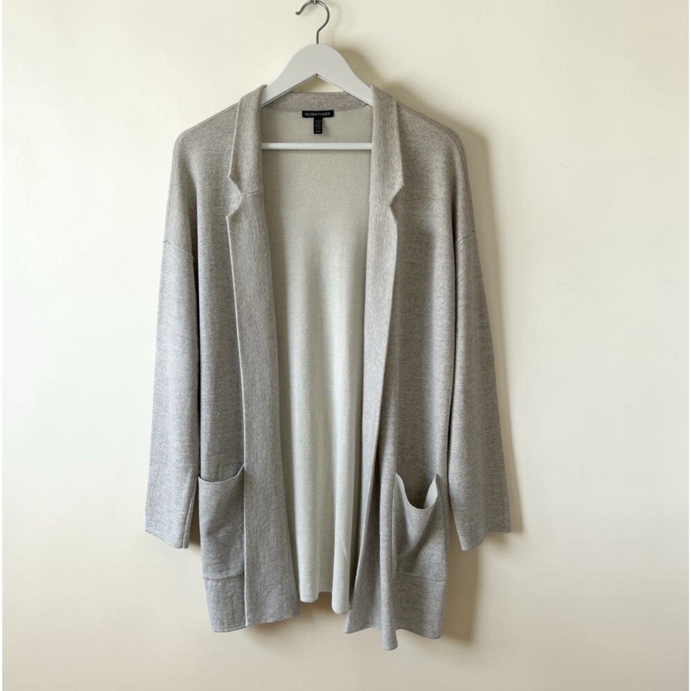 Eileen Fisher Notch Collar Open Cardigan Pearl Grey Sz M Merino Wool Blend Comfy